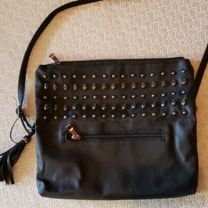 Foldover black shoulder strap purse with skulls
